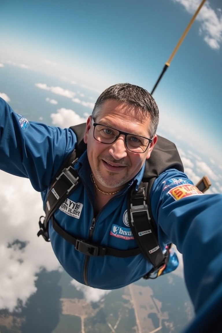 A high-resolution photograph of Gary Anderson,  skydiving,  a POV shot in freefall on Tensor.Art