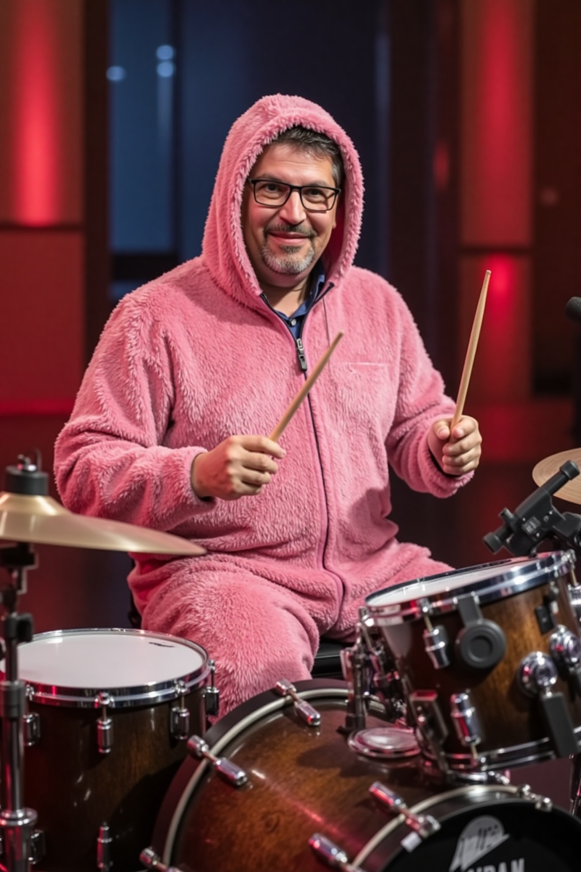 The image is a high-resolution photograph of a man wearing a fluffy pink Onesie,  sitting behind a drumkit holding drumsti...