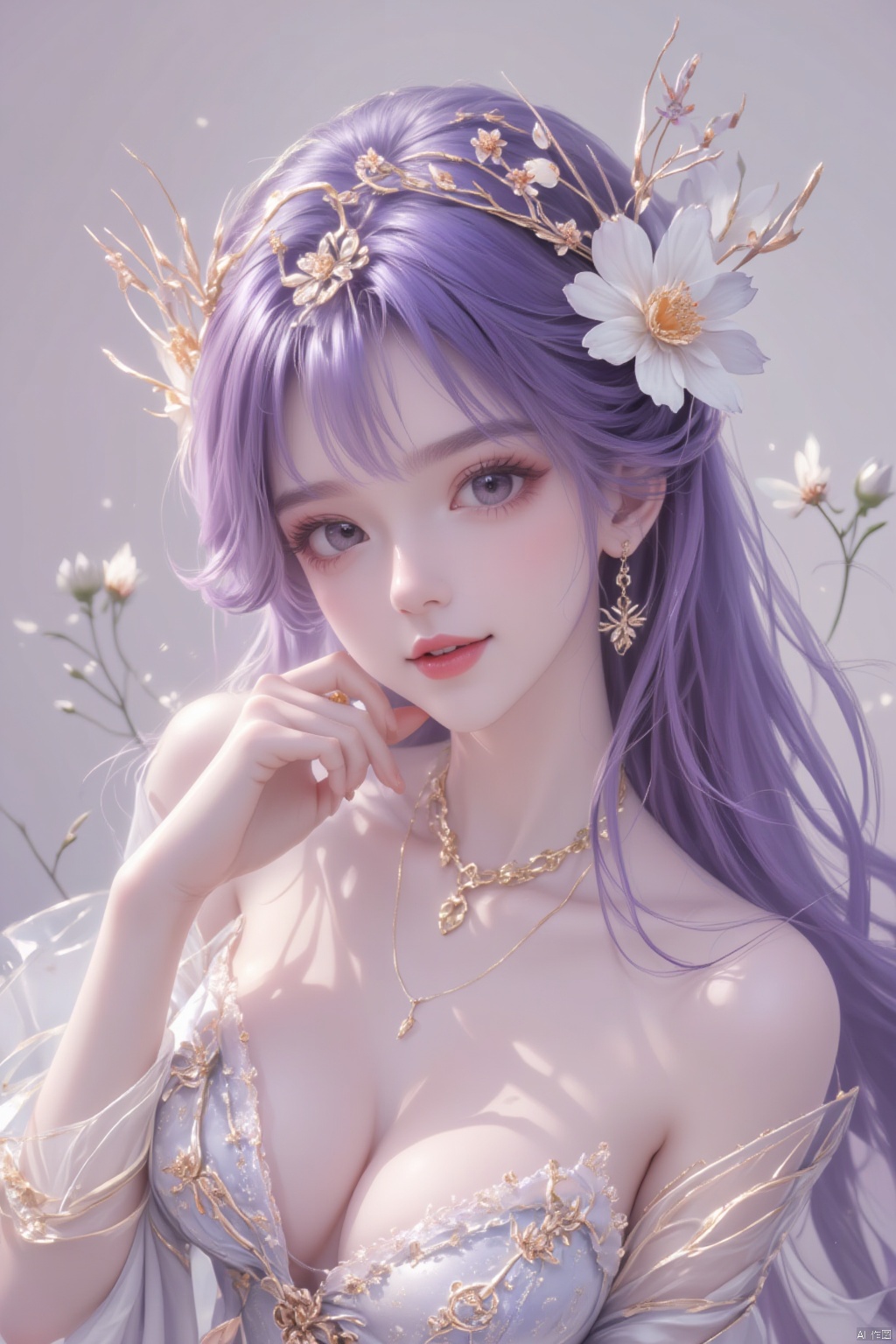 1girl, solo, long hair, looking at viewer, hair ornament, dress, jewelry, purple eyes, upper body, purple hair, flower, teeth, necklace, white dress