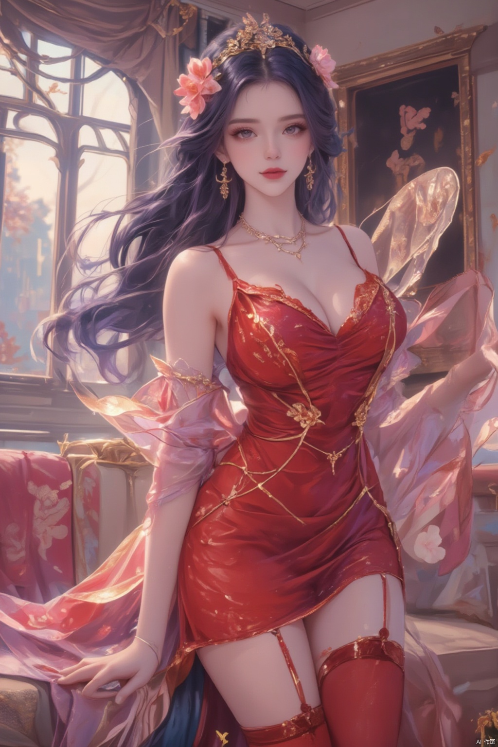 1girl, solo, long hair, breasts, looking at viewer, black hair, hair ornament, thighhighs, dress, jewelry, flower, earrings, indoors, hair flower, window, garter straps, red dress, red lips, red thighhighs,purple hair,qfl