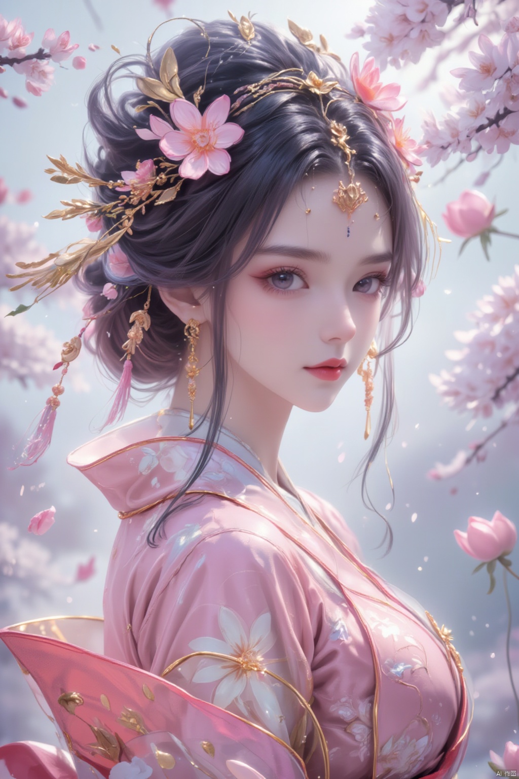 1girl, solo, looking at viewer, black hair, hair ornament, long sleeves, jewelry, closed mouth, upper body, flower, earrings, hair flower, kimono, from side, sash, makeup, facial mark, chinese clothes, floral print, cherry blossoms, tassel, pink flower, forehead mark, branch, red lips, pink kimono, tassel earrings, lotus, flower earrings