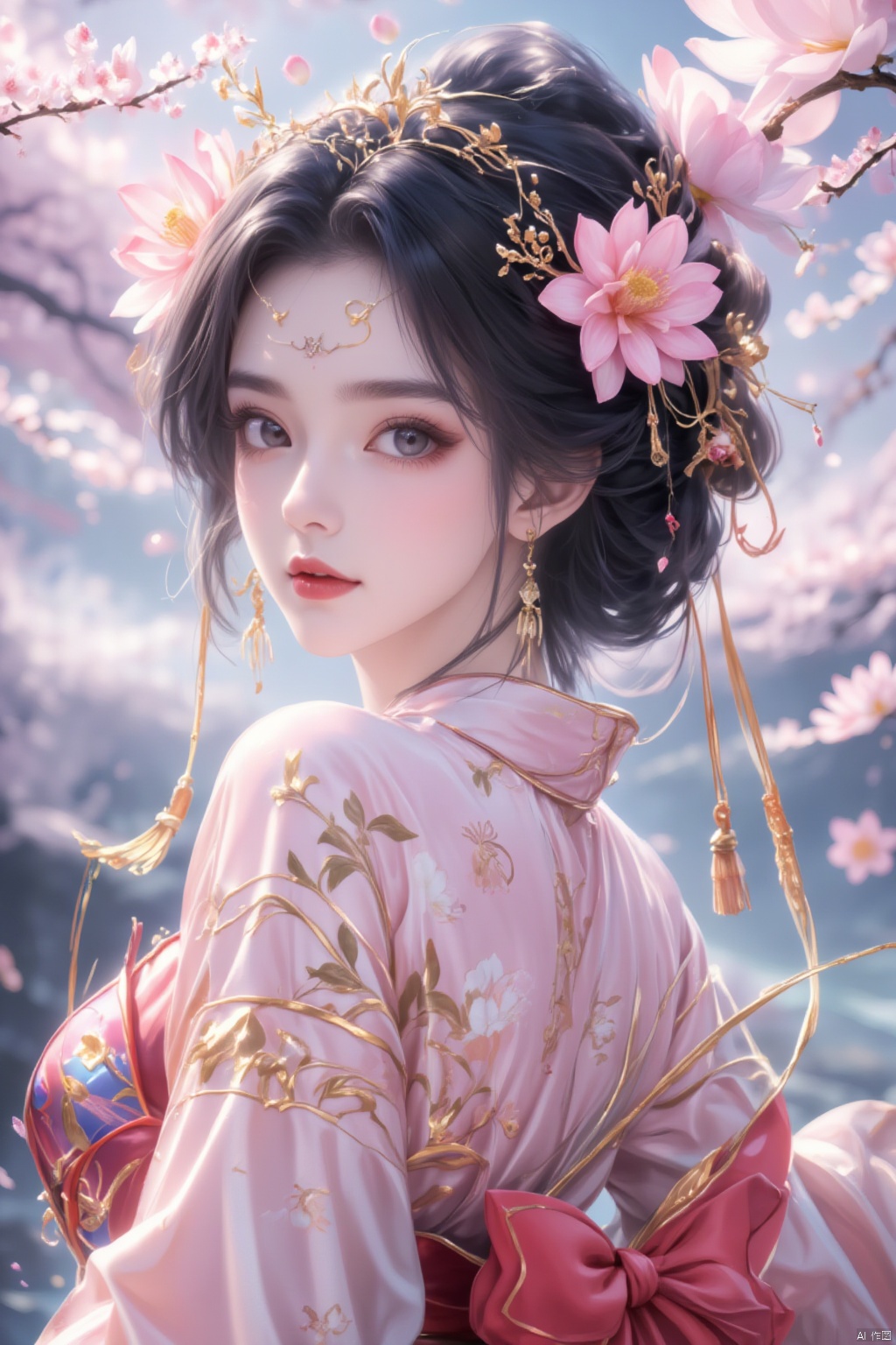 1girl, solo, looking at viewer, black hair, hair ornament, long sleeves, jewelry, closed mouth, upper body, flower, earrings, hair flower, kimono, from side, sash, makeup, facial mark, chinese clothes, floral print, cherry blossoms, tassel, pink flower, forehead mark, branch, red lips, pink kimono, tassel earrings, lotus, flower earrings