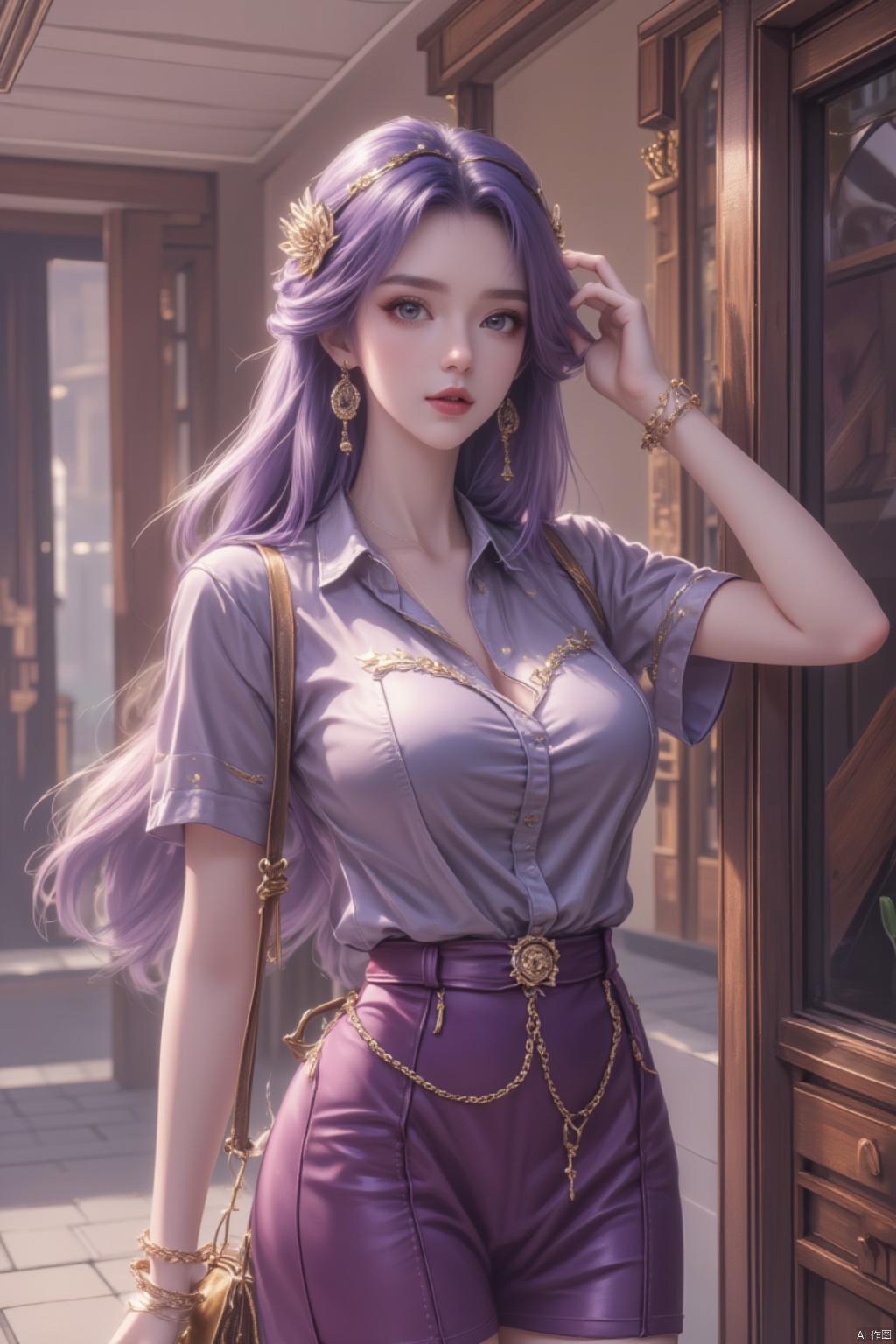 1girl, solo, long hair, breasts, looking at viewer, skirt, shirt, hair ornament, jewelry, standing, purple hair, short sleeves, earrings, indoors, bag, bracelet, purple skirt