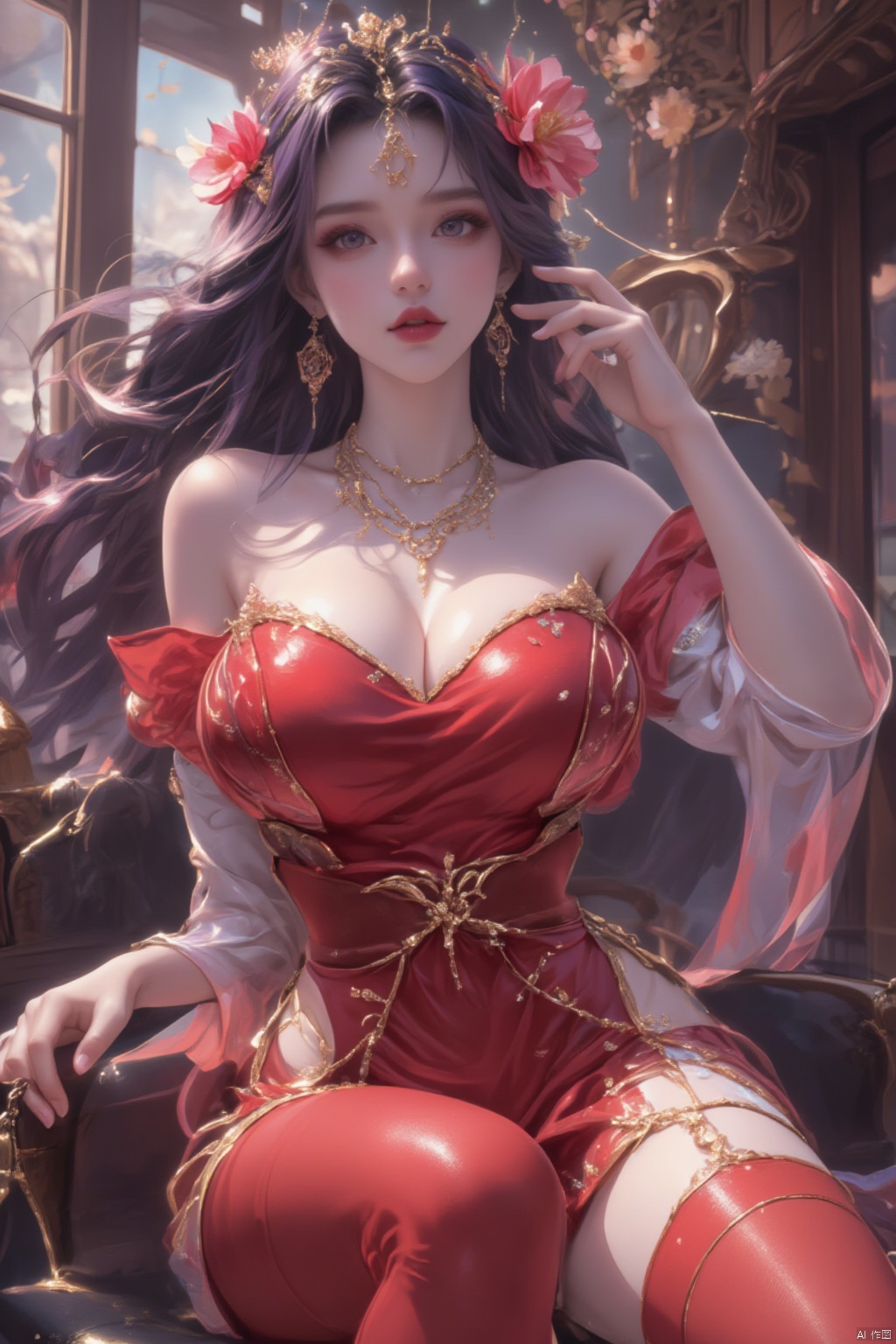 1girl, solo, long hair, breasts, looking at viewer, black hair, hair ornament, thighhighs, dress, jewelry, flower, earrings, indoors, hair flower, window, garter straps, red dress, red lips, red thighhighs,purple hair,qfl