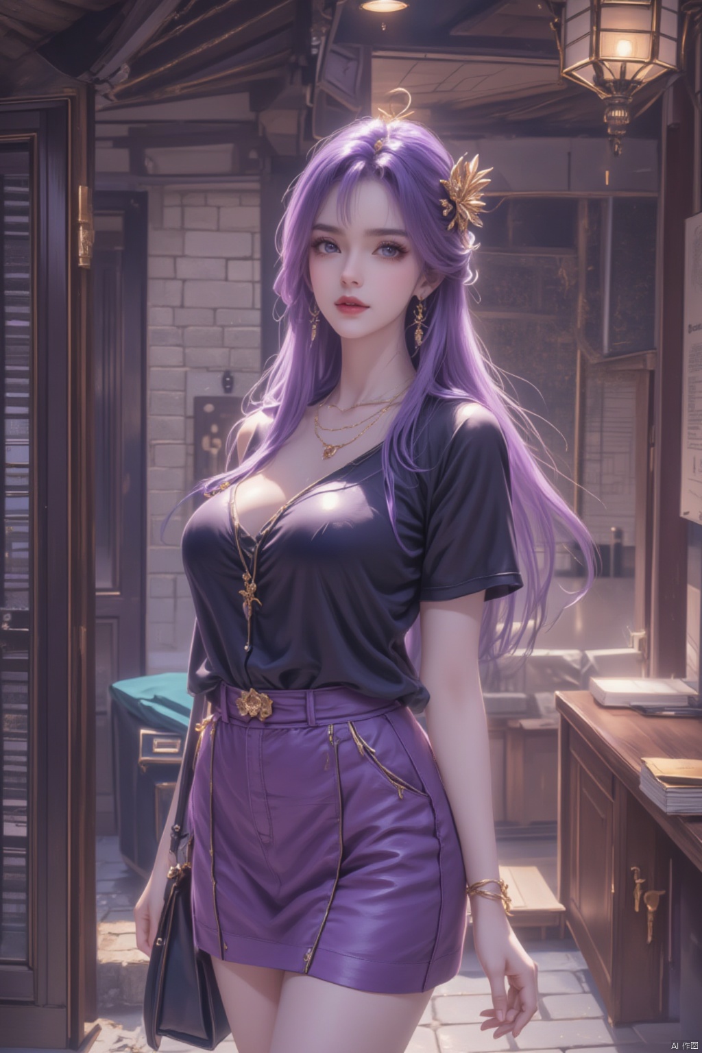 1girl, solo, long hair, breasts, looking at viewer, skirt, shirt, hair ornament, jewelry, standing, purple hair, short sleeves, earrings, indoors, bag, bracelet, purple skirt