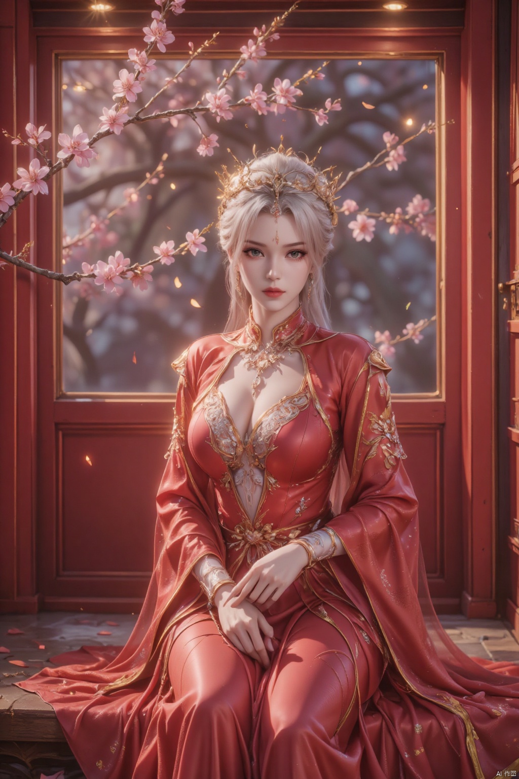 A regal woman, crowned in gleaming gold, sits poised on a step before a crimson window frame, where delicate cherry blossom branches burst forth in shades of pink and white. Her sleek bobbed hair shines under the soft lighting, as piercing blue eyes sparkle beneath a cascade of red silk, embroidered with golden accents that dance across her figure.white hair,facial mark