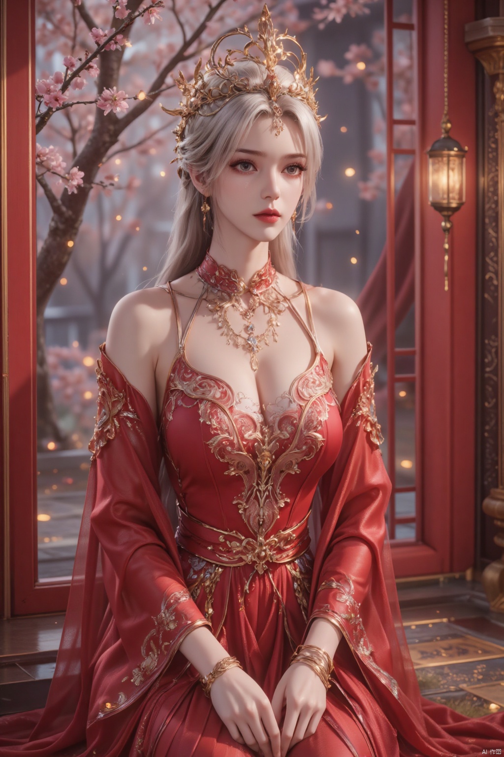 A regal woman, crowned in gleaming gold, sits poised on a step before a crimson window frame, where delicate cherry blossom branches burst forth in shades of pink and white. Her sleek bobbed hair shines under the soft lighting, as piercing blue eyes sparkle beneath a cascade of red silk, embroidered with golden accents that dance across her figure.white hair,facial mark