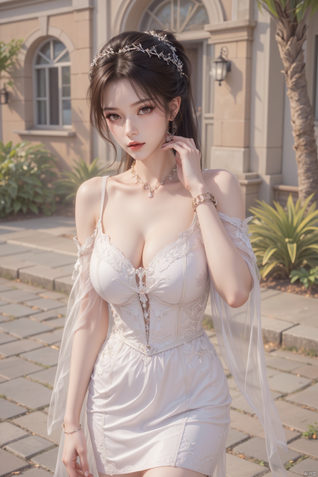 1girl, solo, long hair, breasts, looking at viewer, large breasts, brown hair, hair ornament, dress, cleavage, bare shoulders, brown eyes, jewelry, upper body, ponytail, outdoors, detached sleeves, day, white dress, bracelet, lips, building