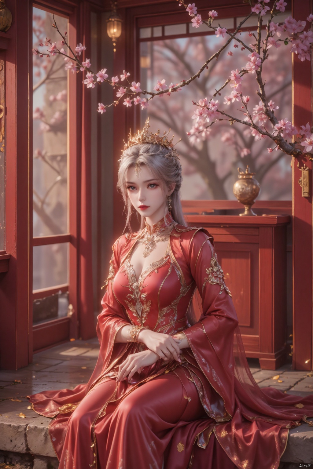 A regal woman, crowned in gleaming gold, sits poised on a step before a crimson window frame, where delicate cherry blossom branches burst forth in shades of pink and white. Her sleek bobbed hair shines under the soft lighting, as piercing blue eyes sparkle beneath a cascade of red silk, embroidered with golden accents that dance across her figure.white hair,facial mark