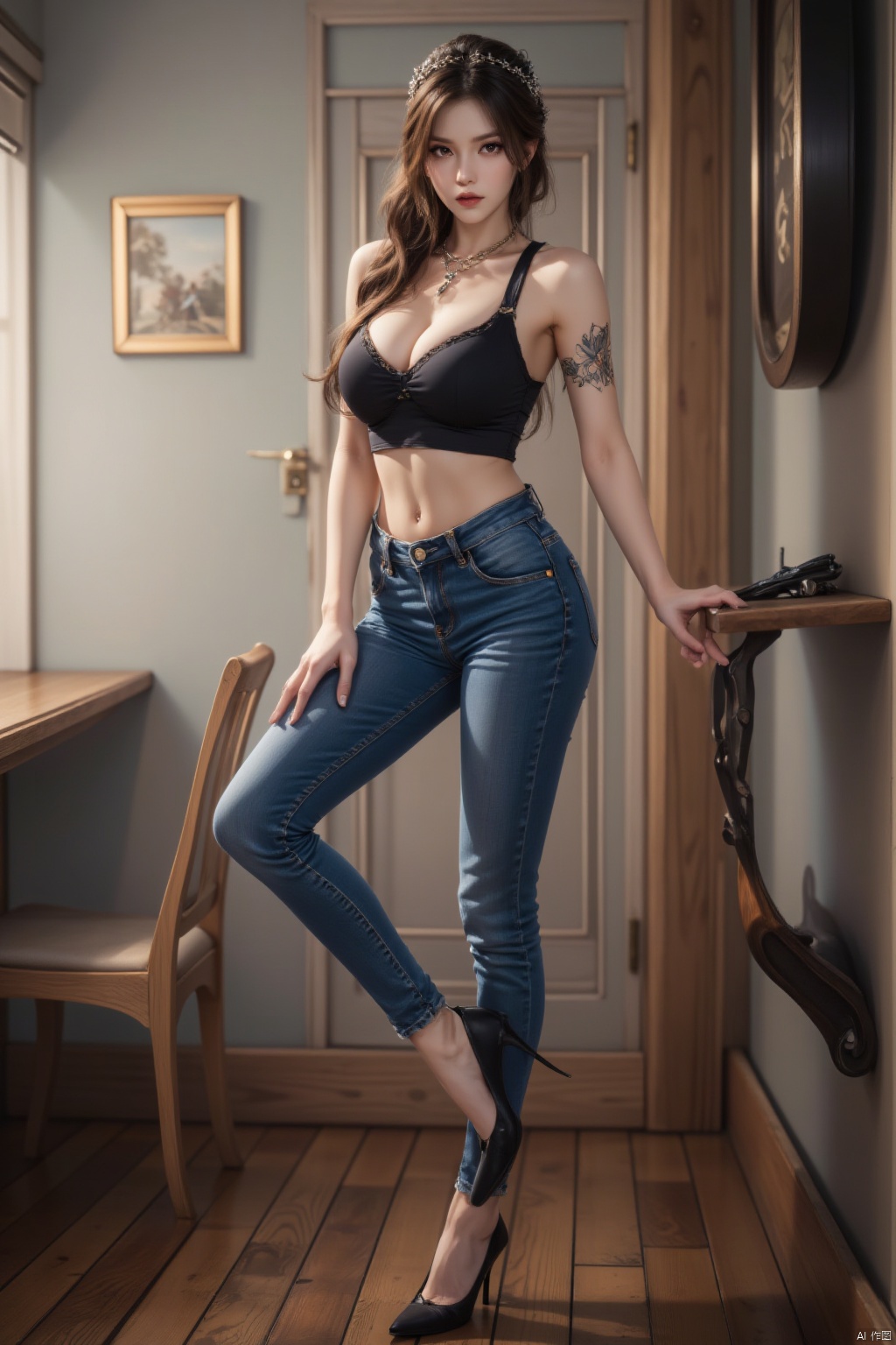 1girl, solo, long hair, breasts, looking at viewer, brown hair, shirt, bare shoulders, brown eyes, jewelry, medium breasts, closed mouth, standing, full body, weapon, sleeveless, pants, indoors, black footwear, high heels, gun, window, tattoo, standing on one leg, denim, jeans, wooden floor, door, blue pants, arm tattoo