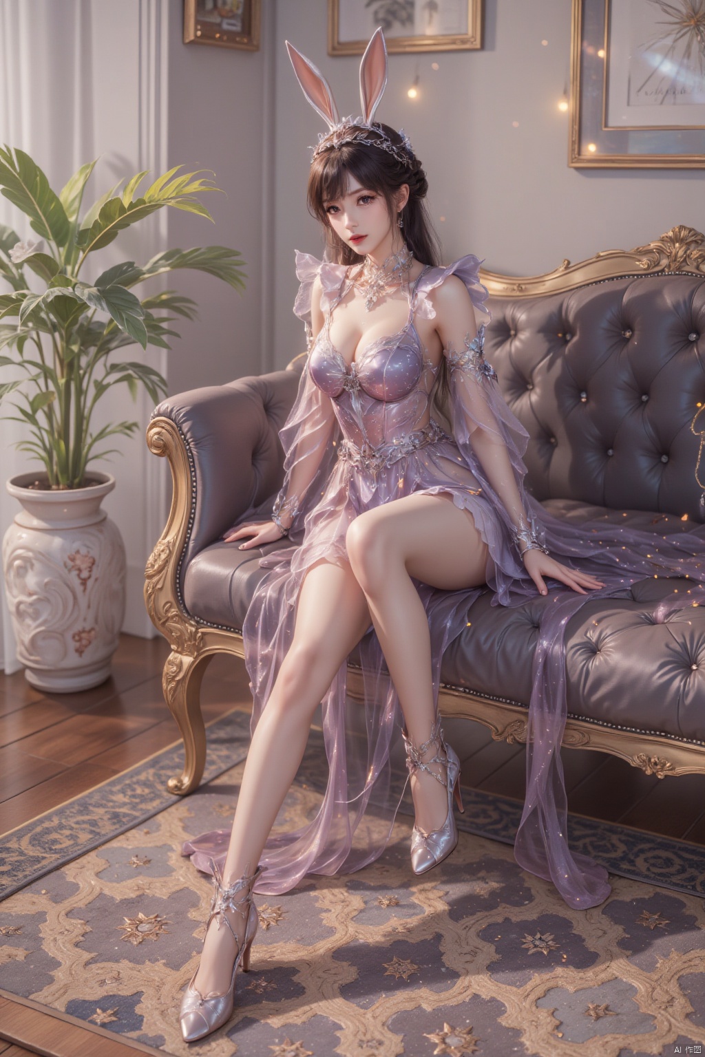 1girl, solo, long hair, breasts, looking at viewer, brown hair, hair ornament, dress, Rabbit Ear Headwear , jewelry, sitting, full body, indoors, rabbit ears, high heels, see-through, plant, couch