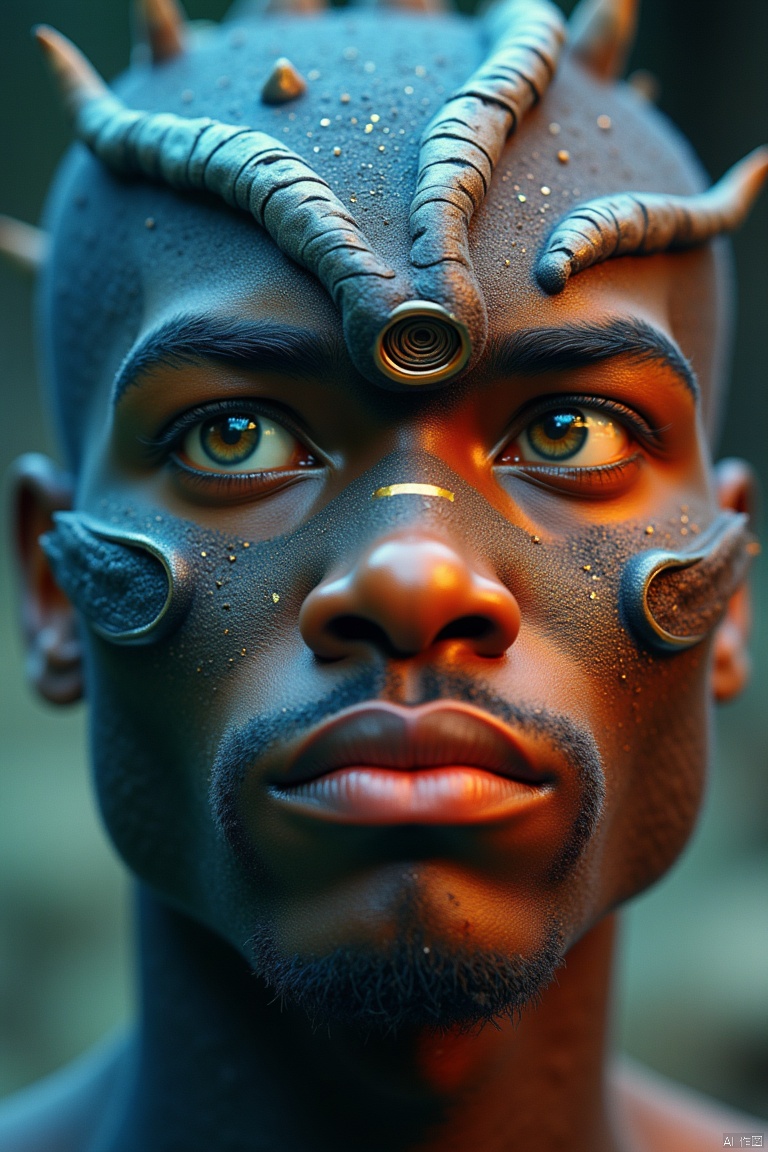 eyes sparkle with magic as he gazes into the distance. Framed by a 50mm lens, his face fills the close-up shot, bathed in vivid, wild light. His artful expression seems to transport him to an otherworldly realm. Focus is sharp on his features, while the background blends seamlessly into fantasy.fantastyle