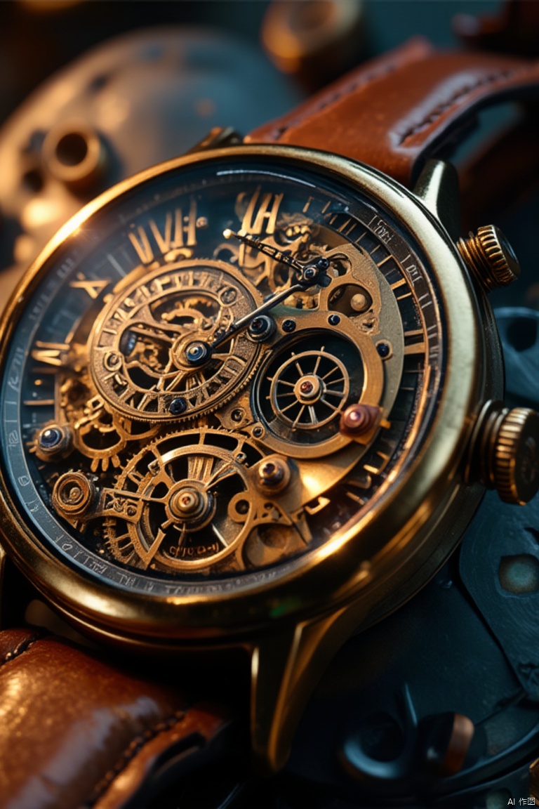 A detailed close-up shot of a steampunk wristwatch, intricate gears and brass components visible, with a vintage leather strap. The watch face features Roman numerals and a small, exposed pendulum. The scene is illuminated by warm, ambient light, casting metallic reflections. The composition centers on the watch, with a slight tilt to emphasize its craftsmanship. The background is blurred, focusing attention on the detailed design.