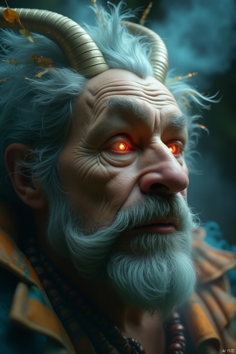 eyes sparkle with magic as he gazes into the distance. Framed by a 50mm lens, his face fills the close-up shot, bathed in vivid, wild light. His artful expression seems to transport him to an otherworldly realm. Focus is sharp on his features, while the background blends seamlessly into fantasy.fantastyle