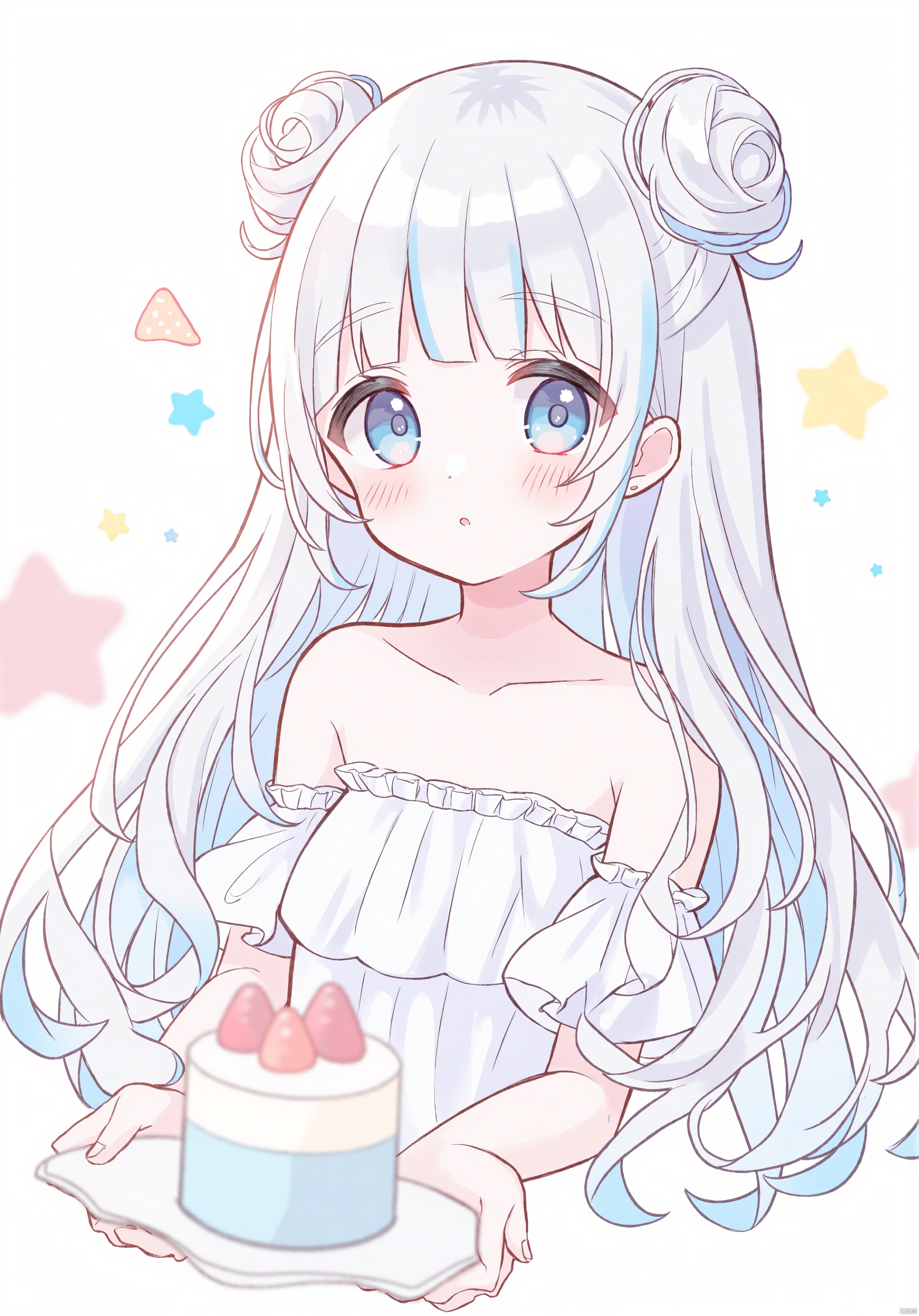 1girl, solo, long hair, looking at viewer, blush, bangs, blue eyes, white background, dress, bare shoulders, blue hair, upper body, white hair, multicolored hair, food, virtual youtuber, blunt bangs, hair bun, star \(symbol\), white dress, blurry, two-tone hair, double bun, fruit, cake, colored inner hair