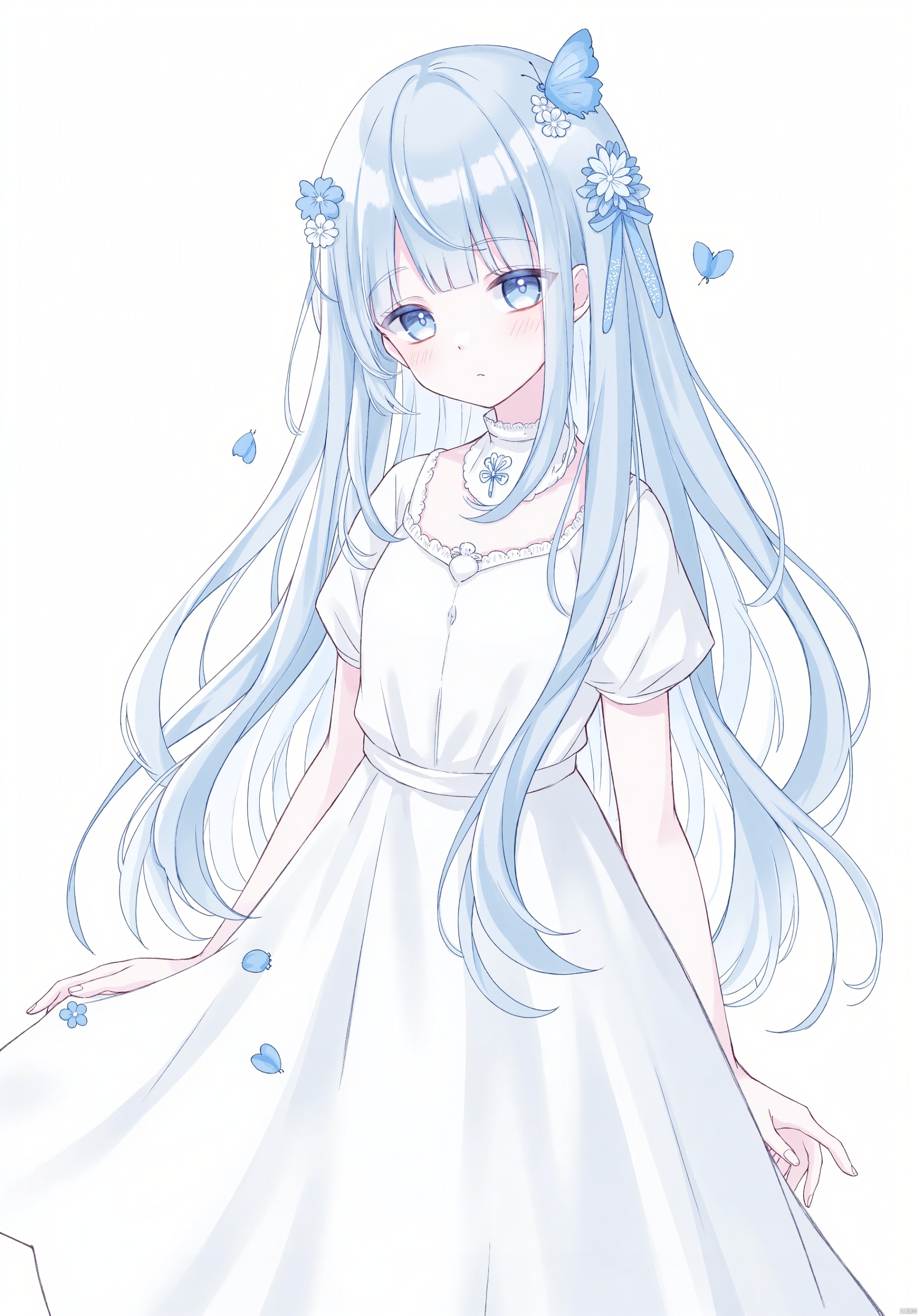 1girl, solo, long hair, flower, bug, butterfly, hair ornament, dress, hair flower, blue eyes, blue hair, petals, looking at viewer, blue butterfly, white dress, white background, short sleeves, blue flower, bangs, simple background
