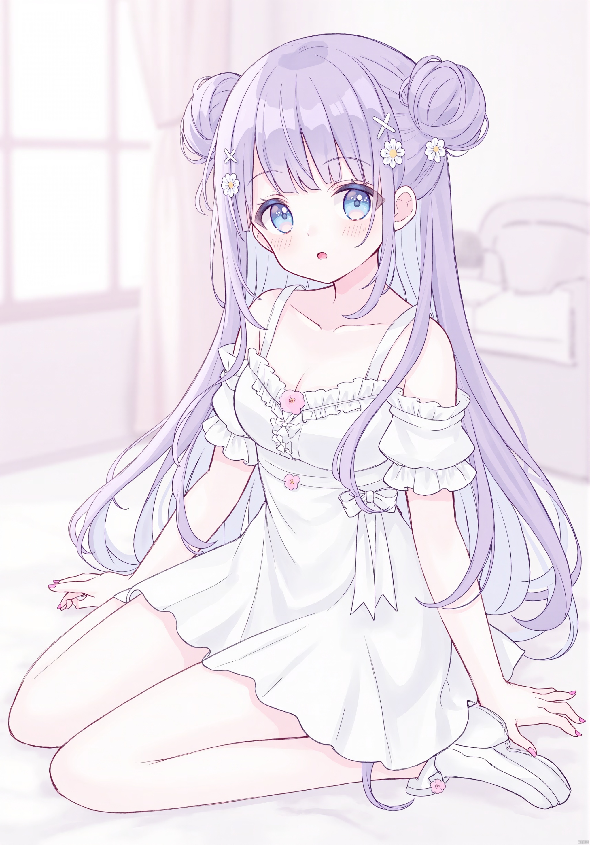 1girl, solo, long hair, breasts, looking at viewer, bangs, blue eyes, hair ornament, dress, cleavage, sitting, purple hair, flower, detached sleeves, indoors, hair bun, white dress, double bun, white footwear, red lips