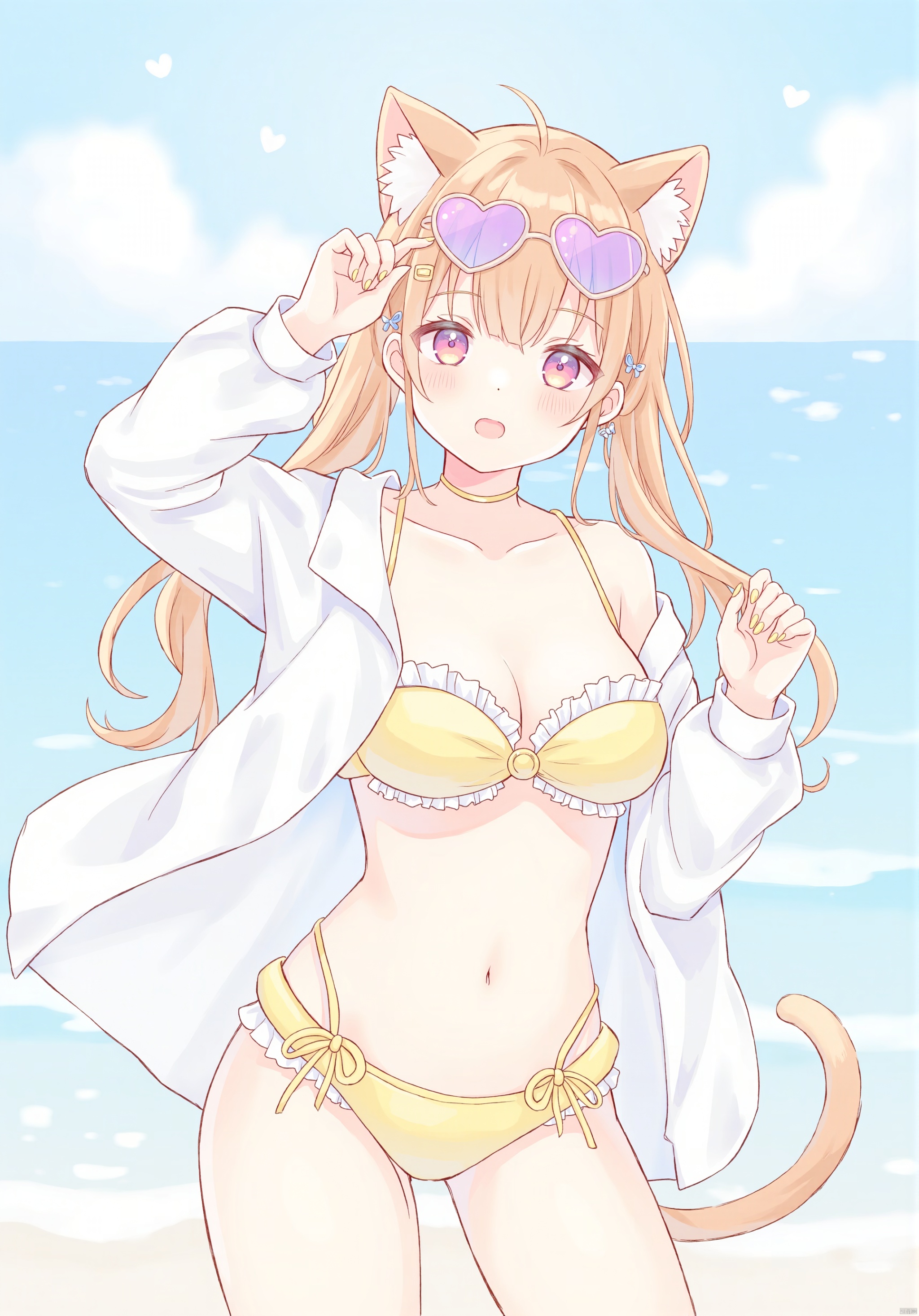 (best quality), ((masterpiece))Thin lines, 1girl, solo, animal ears, brown hair, swimsuit, cat ears, hair ornament, breasts, bikini, eyewear on head, outdoors, heart, day, twintails, tail, open clothes, navel, heart-shaped eyewear, cat tail, long hair, yellow bikini, medium breasts, cloud, sky, looking at viewer, sunglasses, frills, cat girl, ocean, cleavage, white shirt, blue sky, shirt, collarbone, bangs, off shoulder, blush, horizon, hairclip, bare shoulders, yellow nails, hand up