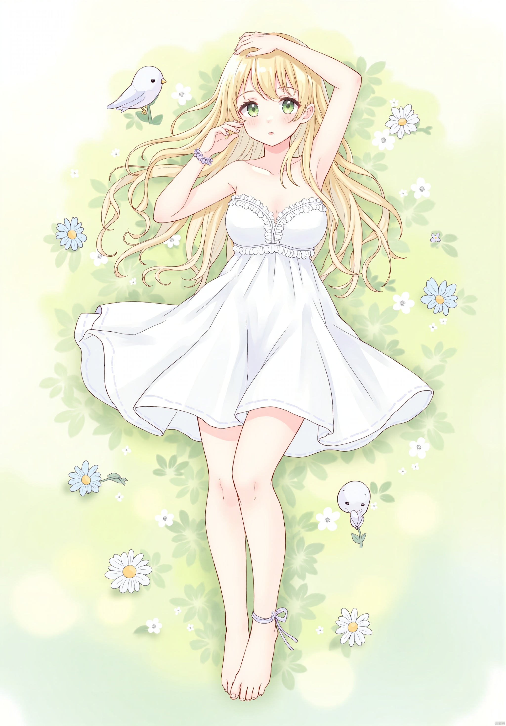 1girl, barefoot, breasts, green eyes, blonde hair, feet, flower, toes, large breasts, white dress, bird, dress, long hair, jewelry, on back, bangs, looking at viewer, solo, lying, legs, arm up, anklet, outdoors, cleavage, soles, parted lips, bare shoulders