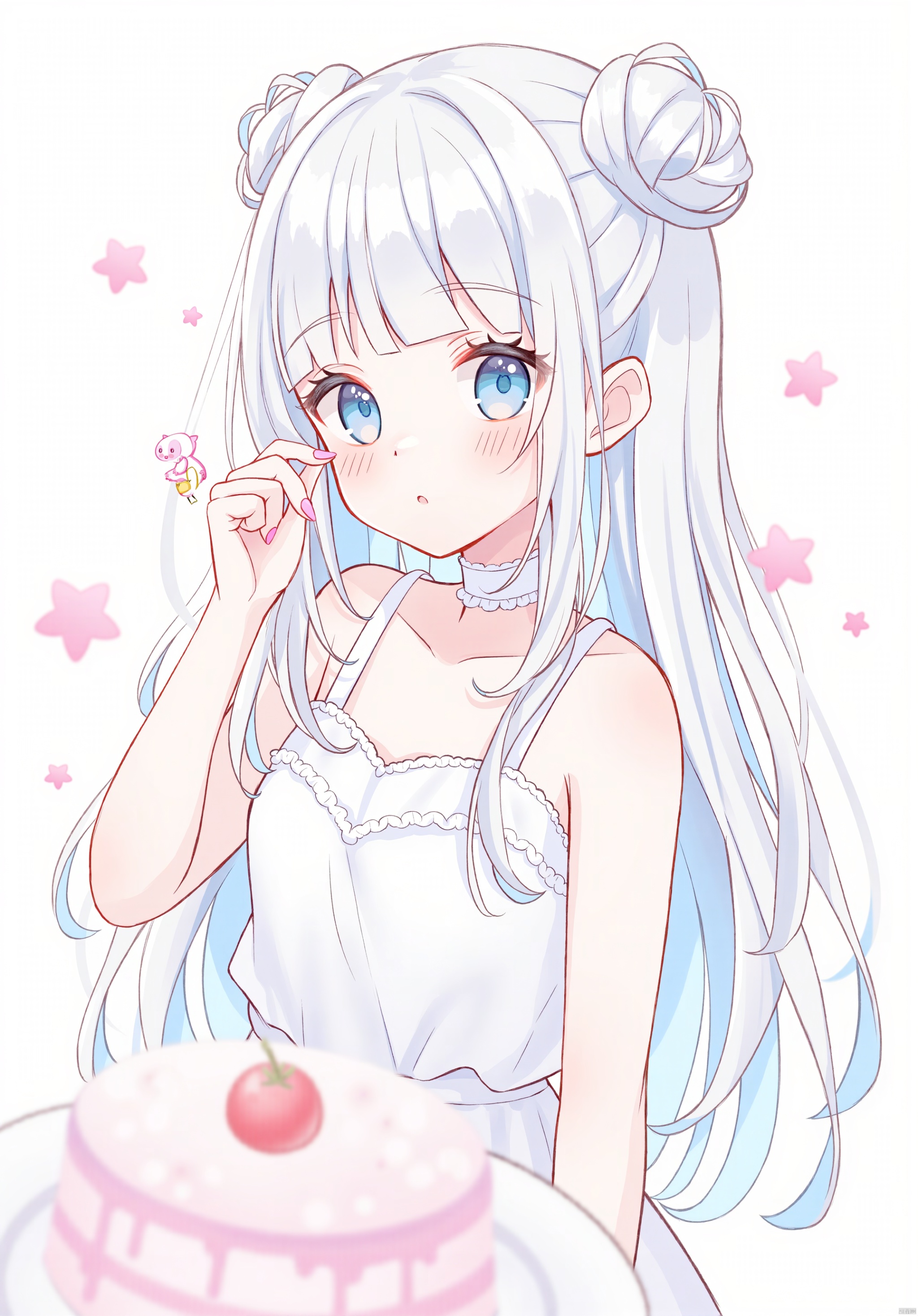 1girl, solo, long hair, looking at viewer, blush, bangs, blue eyes, white background, dress, bare shoulders, blue hair, upper body, white hair, multicolored hair, food, virtual youtuber, blunt bangs, hair bun, star \(symbol\), white dress, blurry, two-tone hair, double bun, fruit, cake, colored inner hair