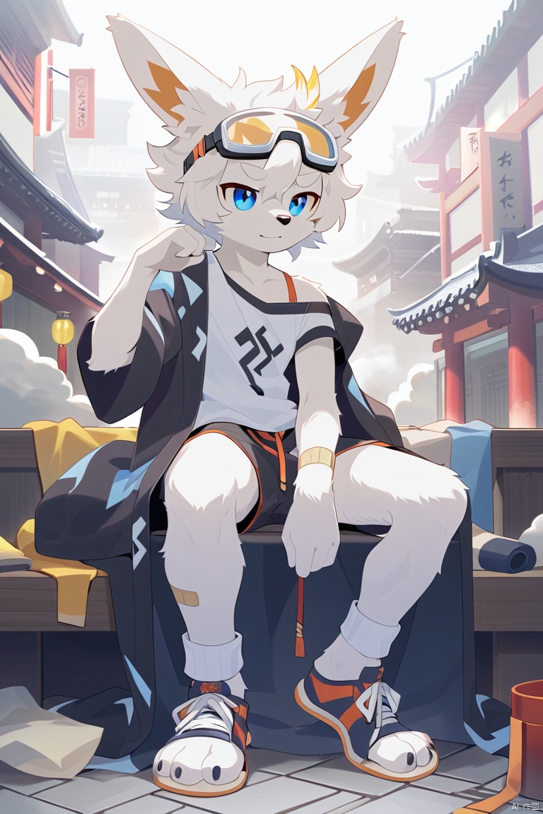A dynamic scene unfolds as the muscular male,  sporting goggles on his forehead and a collarbone-length haircut with messy...
