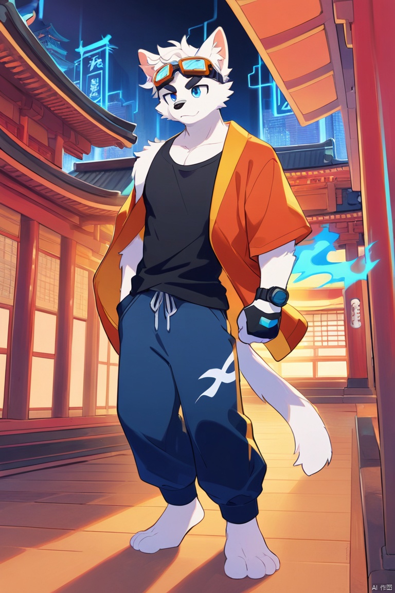 A dynamic scene unfolds as the muscular male, sporting goggles on his forehead and a collarbone-length haircut with messy curls, dons cat ears and a Hand Strap. His red and blue eyes gleam amidst thick eyebrows. A scar adorns his nose. The atmosphere is charged with lightning surrounding him,  He stands barefoot,  wearing a T-shirt under a furry coat,  doggy eyes . His curly hair sticks out in every direction, and thick eyebrows frame his gaze.,bandaid on leg,Chinese architecture,  torii, solo,Leaks out of the right shoulder, blue fire,neon light, cityscape,White balayage,Orange scrubbed white hair,Expose right shoulder,no shoes,barefoot,fursuit