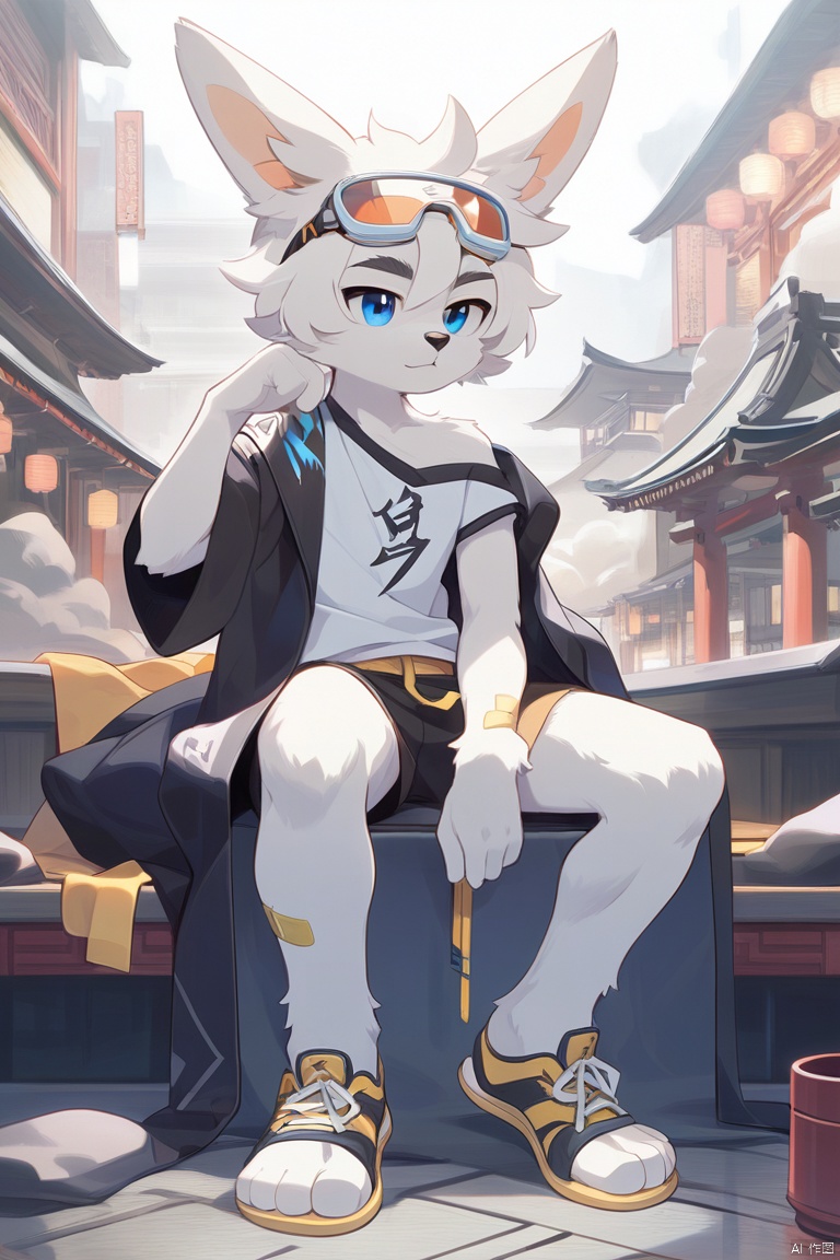 A dynamic scene unfolds as the muscular male,  sporting goggles on his forehead and a collarbone-length haircut with messy...