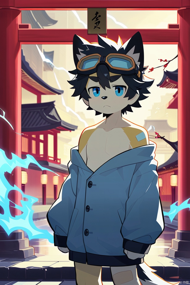 A dynamic scene unfolds as the muscular male,  sporting goggles on his forehead and a collarbone-length haircut with messy...