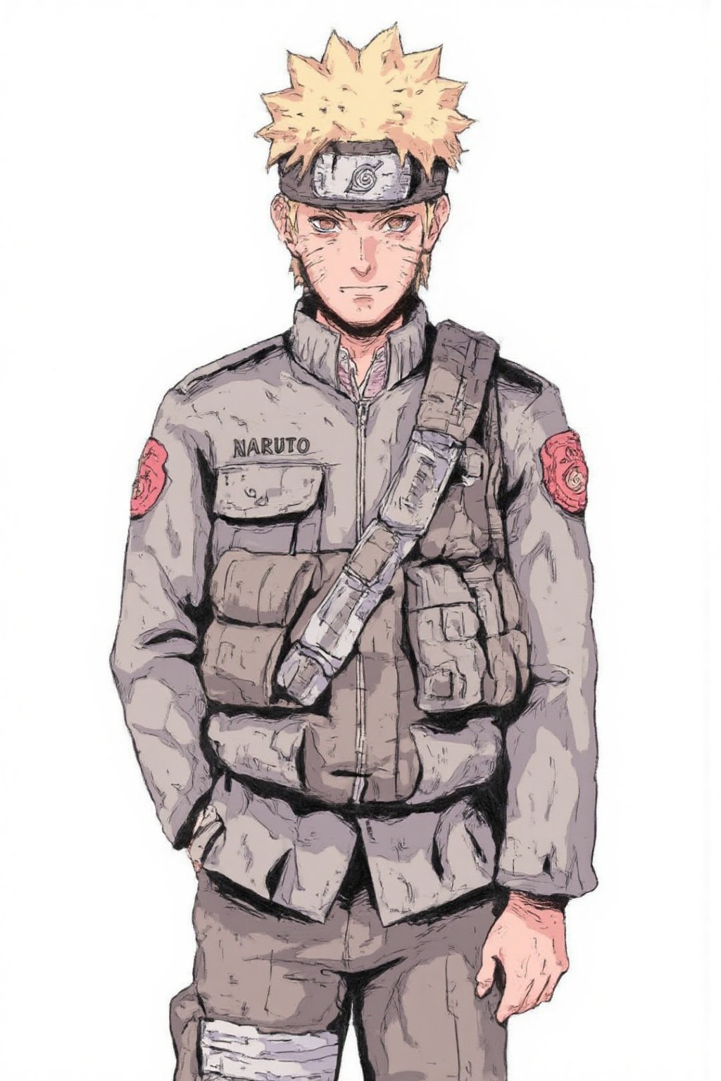 s0j_style,  drawing cartoon of naruto uzumaki stand in white background wearing a long-sleeved polr1 police uniform,  tuck...