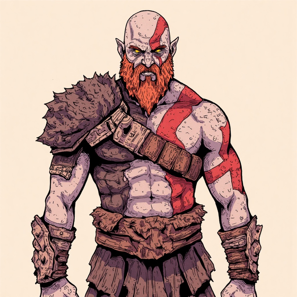 s0j_style,  a drawing cartoon upperbody of kratos god of war. In the style of t0k on Tensor.Art