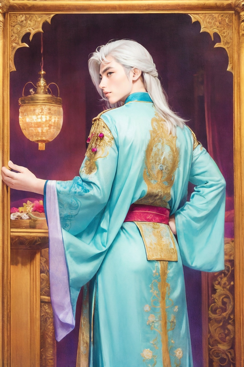 A majestic Wenboy stands resplendent before an intricately decorated Hanfu-inspired backdrop,  where delicate lanterns and...