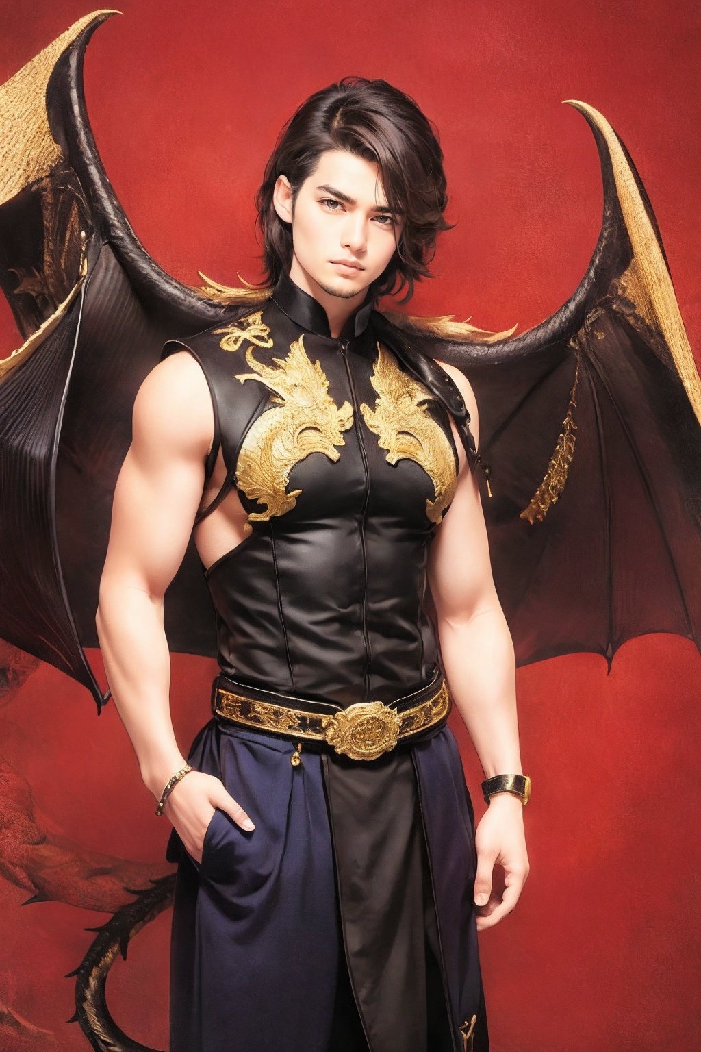 Captured at eye-level on a vibrant red backdrop,  a man dressed in a black Chinese dress adorned with gold accents. He hai...