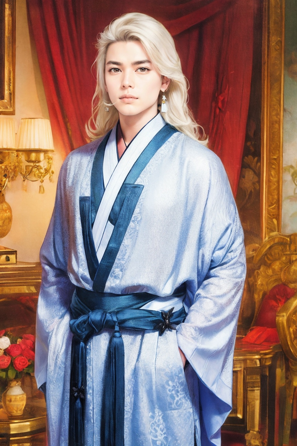 A regal Wenboy stands tall before an opulent Hanfu-inspired backdrop,  adorned with delicate lanterns and tassels. His flo...