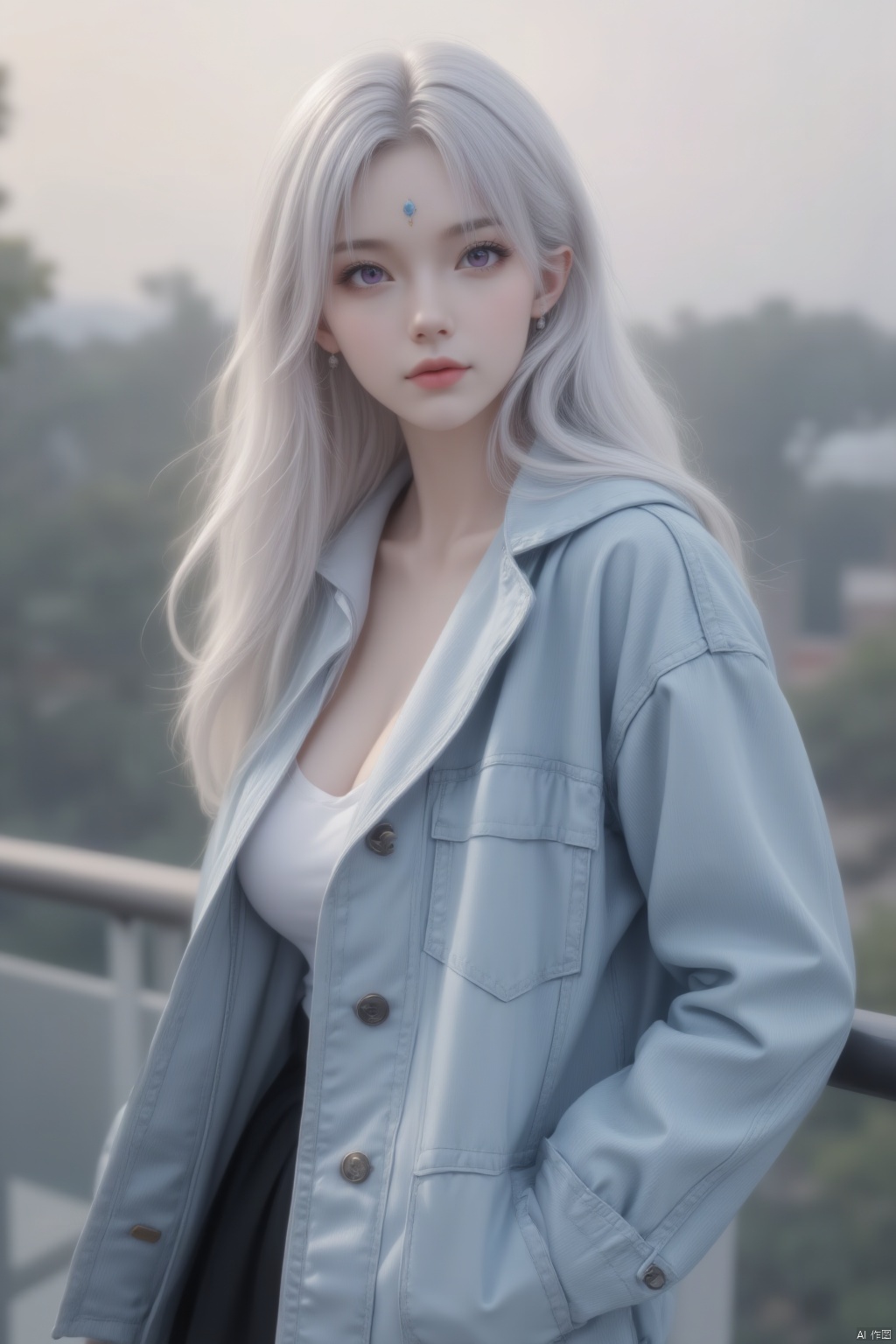 1girl, solo, long hair, breasts, looking at viewer, long sleeves, jewelry, medium breasts, closed mouth, standing, purple eyes, jacket, white hair, cowboy shot, earrings, outdoors, open clothes, day, blurry, open jacket, lips, coat, buttons, blurry background, denim, pocket, realistic, hands in pockets, railing, forehead jewel
