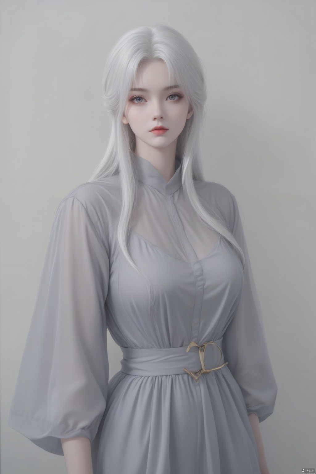 1girl, solo, long hair, breasts, looking at viewer, dress, medium breasts, closed mouth, standing, white hair, lips, grey eyes, makeup, facial mark, red lips, against wall, grey dress
