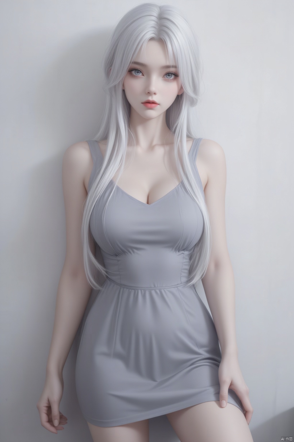 1girl, solo, long hair, breasts, looking at viewer, dress, medium breasts, closed mouth, standing, white hair, lips, grey eyes, makeup, facial mark, red lips, against wall, grey dress
