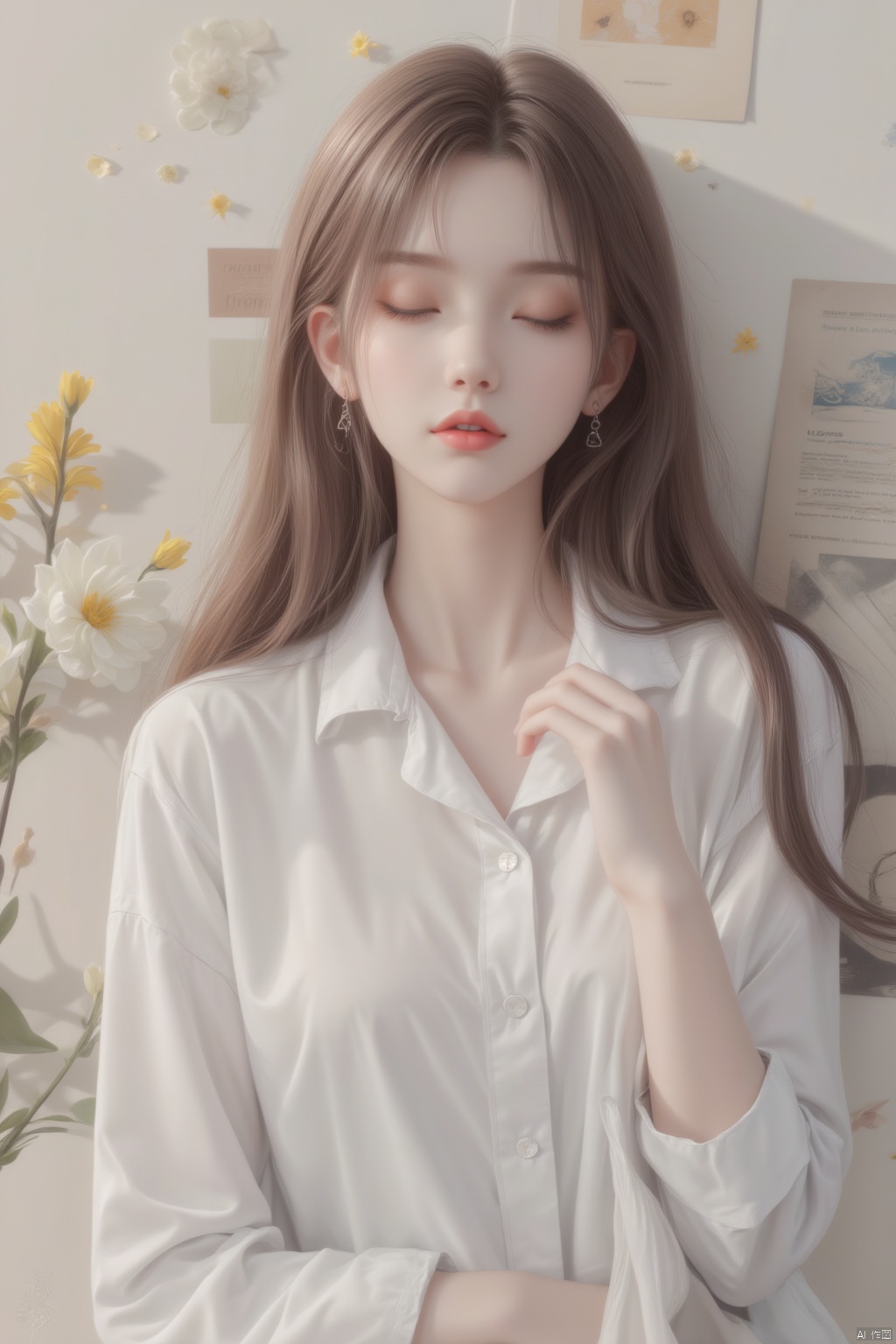 1girl, solo, long hair, brown hair, shirt, jewelry, closed eyes, white shirt, upper body, flower, earrings, collared shirt, book, shadow, white flower, facing viewer, yellow flower,white hair