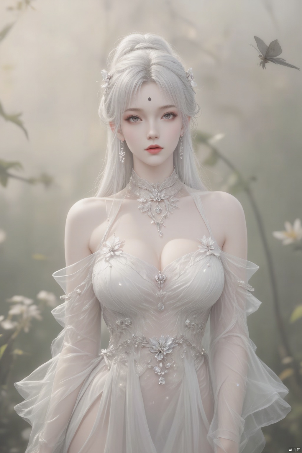 1girl, solo, long hair, breasts, looking at viewer, dress, cleavage, bare shoulders, jewelry, medium breasts, standing, ponytail, flower, white hair, earrings, outdoors, day, necklace, white dress, blurry, lips, blurry background, facial mark, bug, white flower, butterfly, forehead mark, realistic, arms at sides, red lips
