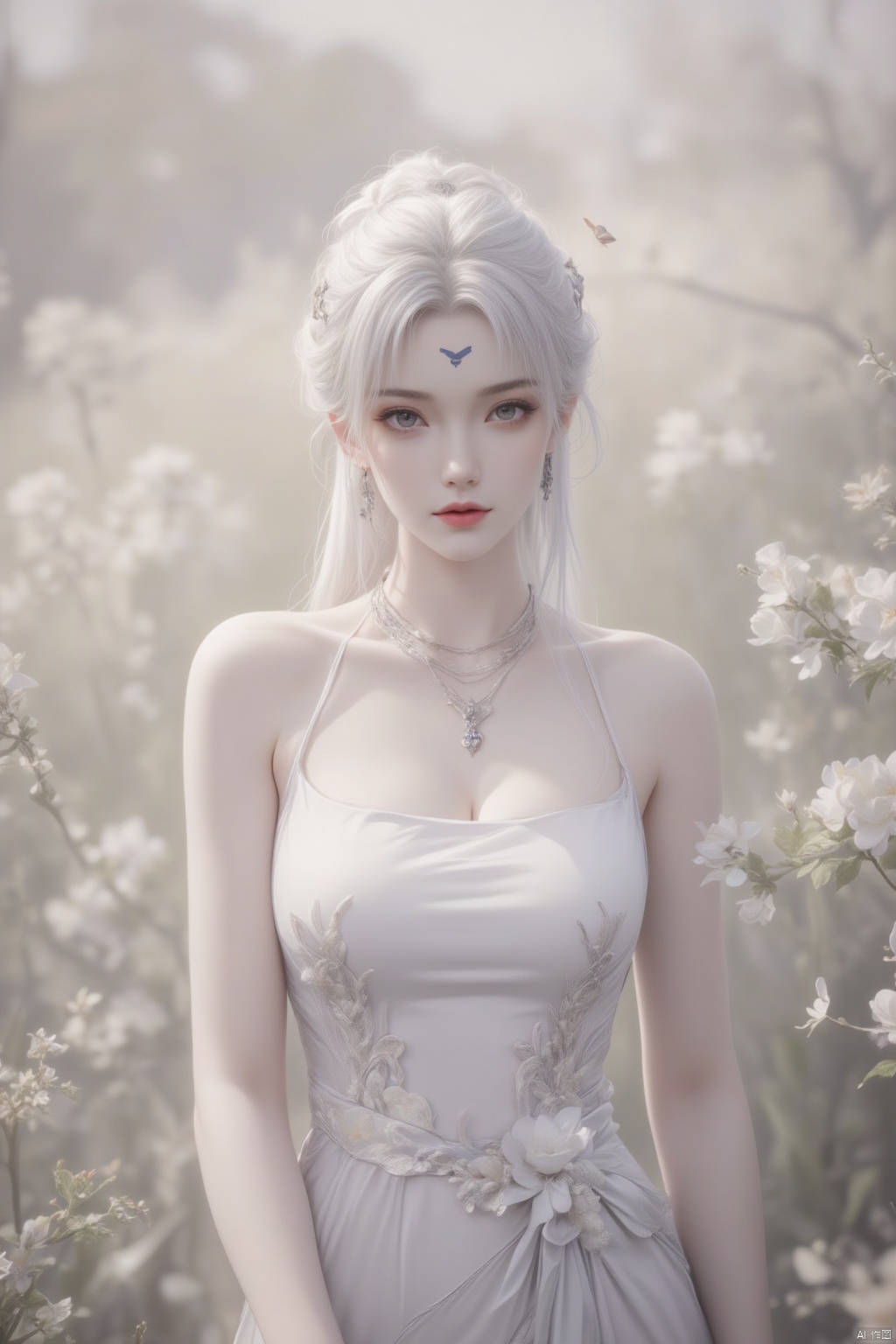 1girl, solo, long hair, breasts, looking at viewer, dress, cleavage, bare shoulders, jewelry, medium breasts, standing, ponytail, flower, white hair, earrings, outdoors, day, necklace, white dress, blurry, lips, blurry background, facial mark, bug, white flower, butterfly, forehead mark, realistic, arms at sides, red lips