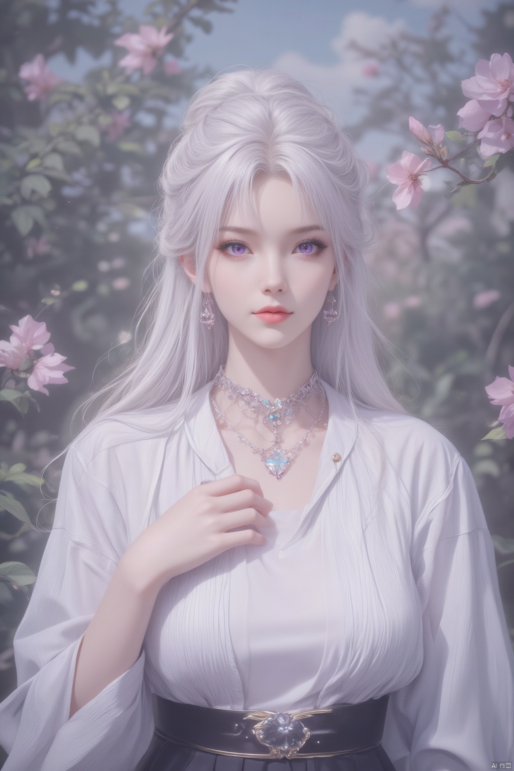 1girl, solo, long hair, breasts, large breasts, shirt, long sleeves, jewelry, purple eyes, white shirt, upper body,flower, outdoors, necklace, lips, plant, half updo,white hair