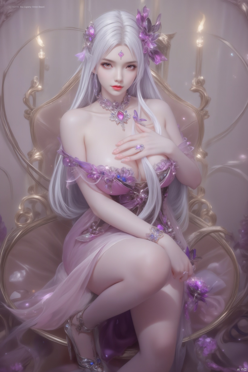 1girl, solo, long hair, breasts, looking at viewer, large breasts, hair ornament, dress, cleavage, bare shoulders, jewelry, sitting, white hair, hair flower, necklace, high heels, bracelet, facial mark, bug, butterfly, forehead mark, anklet