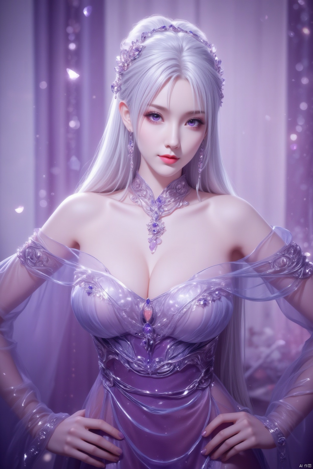 1girl, solo, long hair, breasts, looking at viewer, large breasts, hair ornament, dress, cleavage, bare shoulders, jewelry, purple eyes, white hair, earrings, detached sleeves, indoors, lips, see-through, window, curtains, hands on hips