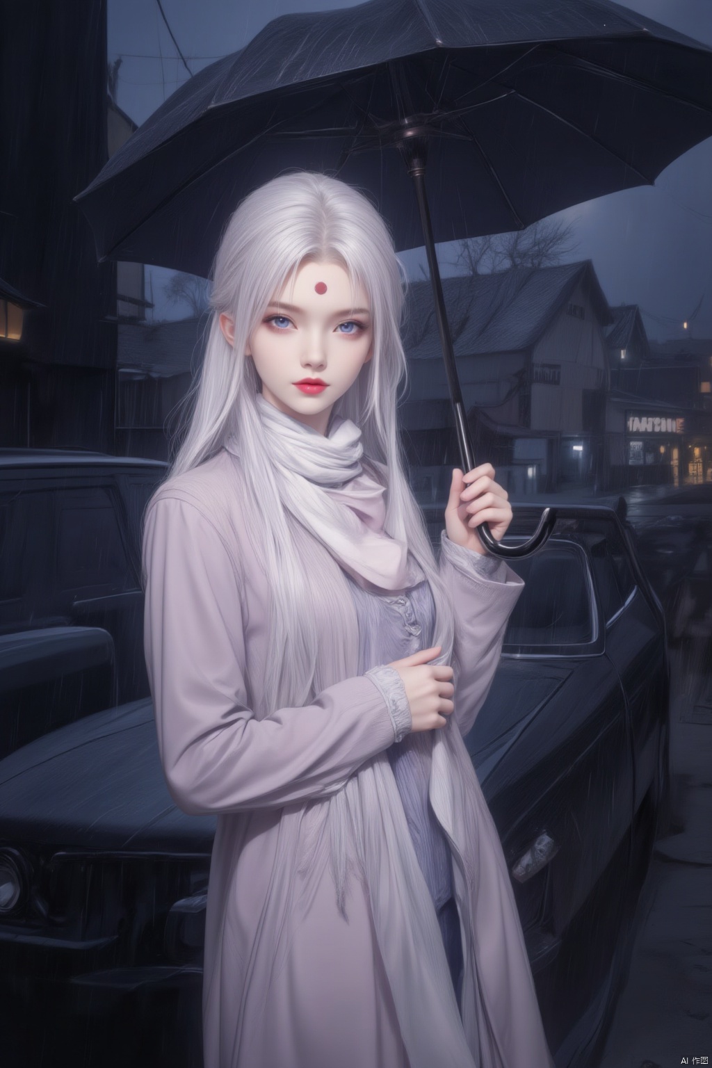 1girl, solo, long hair, looking at viewer, blue eyes, long sleeves, holding, very long hair, white hair, outdoors, scarf, lips, coat, night, umbrella, facial mark, letterboxed, ground vehicle, rain, holding umbrella, forehead mark, white scarf, red lips,hold umbrella