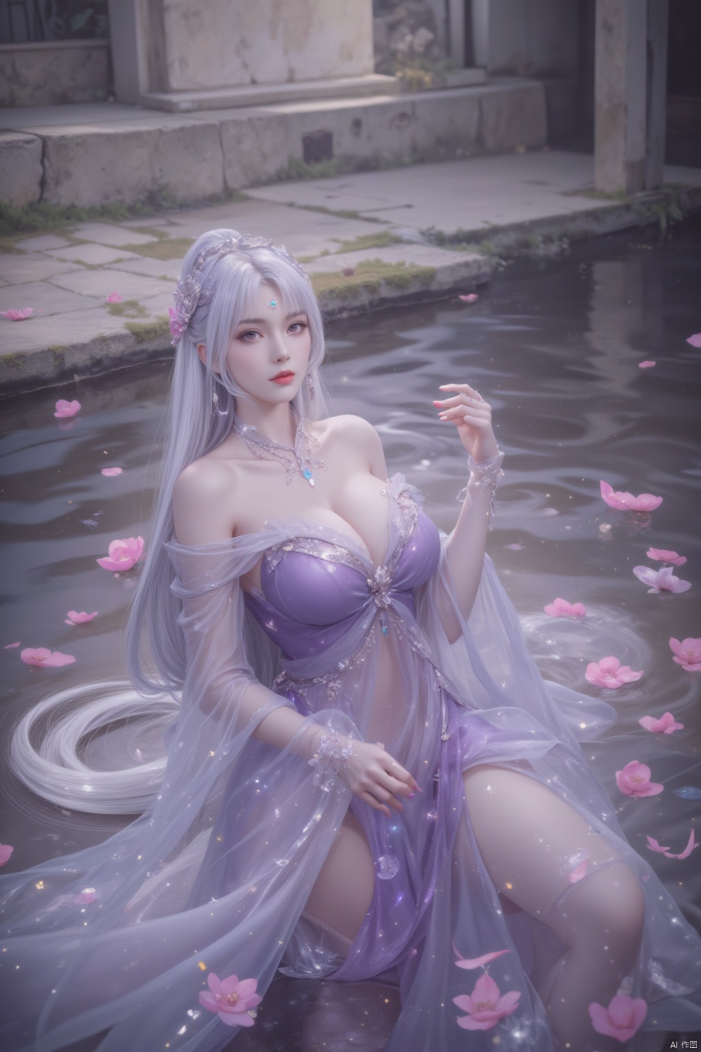 1girl, solo, long hair, breasts, hair ornament, dress, cleavage, bare shoulders, jewelry, upper body, flower, white hair, water, petals, facial mark, ring, purple dress, stairs, forehead mark, pillar