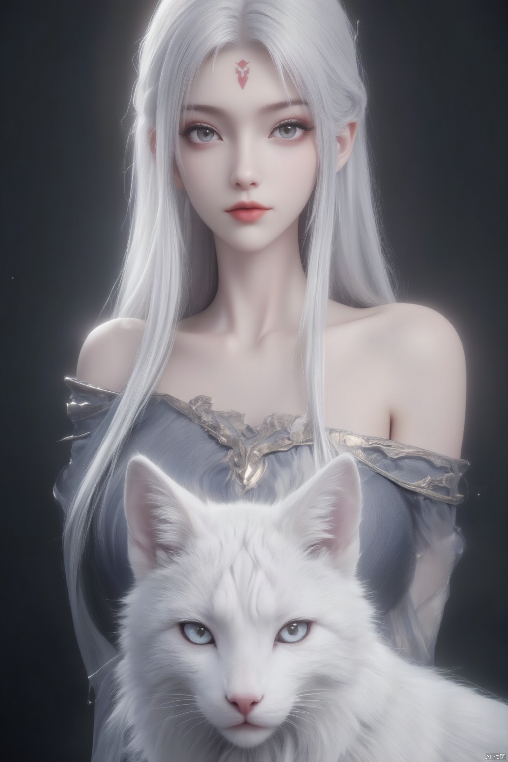 1girl, solo, long hair, looking at viewer, blue eyes, upper body, white hair, parted lips, lips, grey eyes, animal, facial mark, cat, forehead mark, realistic, red lips, white fox