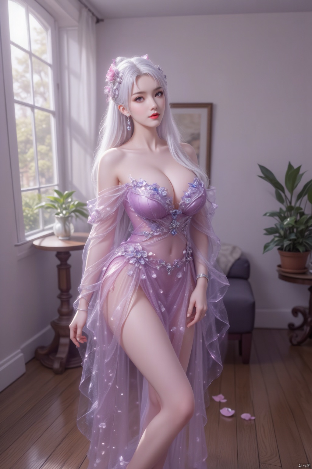 1girl, solo, long hair, breasts, looking at viewer, large breasts, hair ornament, dress, cleavage, bare shoulders, jewelry, standing, full body, flower, white hair, earrings, indoors, high heels, see-through, petals, bare legs, window, table, plant, pink dress, couch, purple dress, potted plant, vase