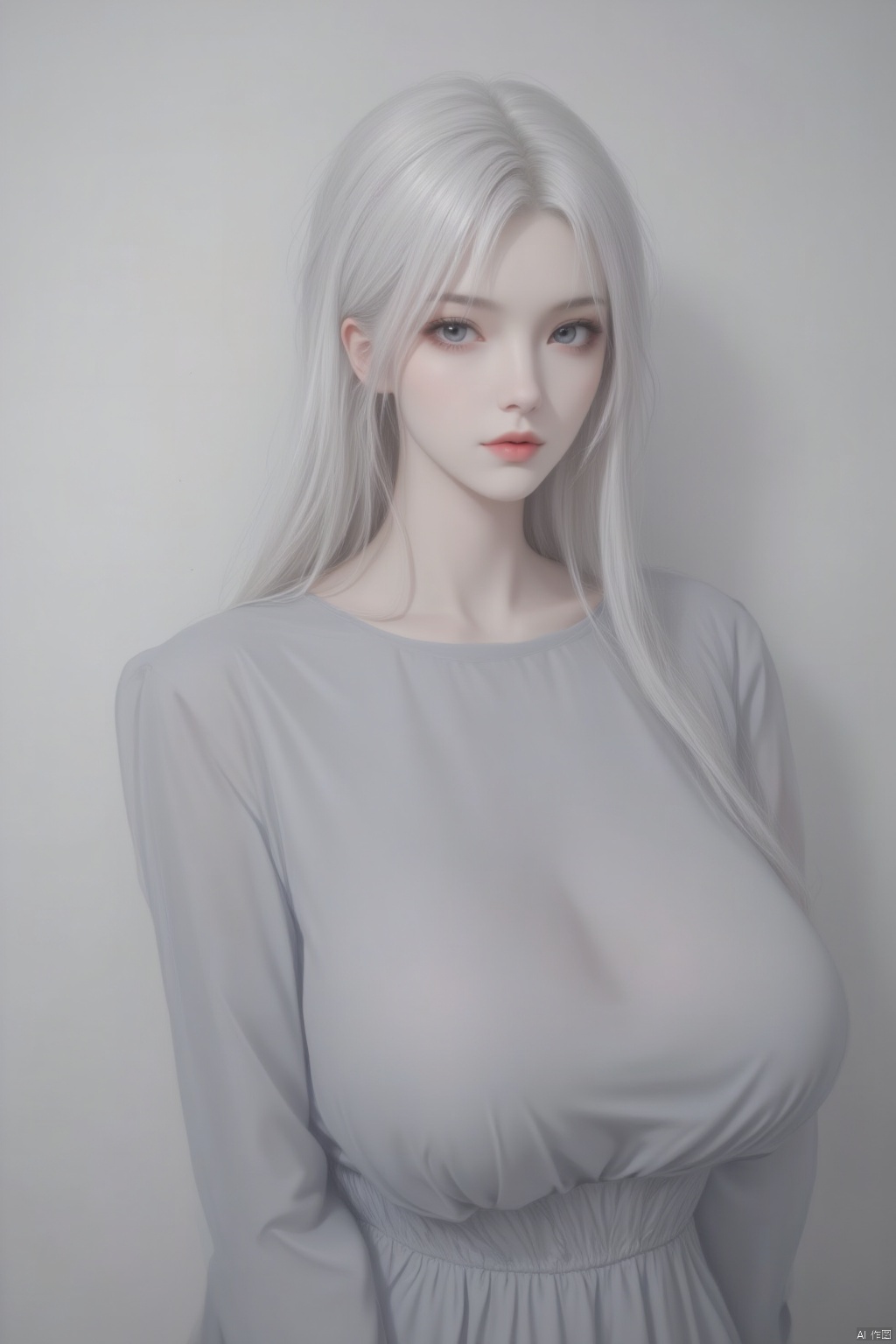 1girl, solo, long hair, breasts, looking at viewer, dress, medium breasts, closed mouth, standing, white hair, lips, grey eyes, makeup, facial mark, red lips, against wall, grey dress