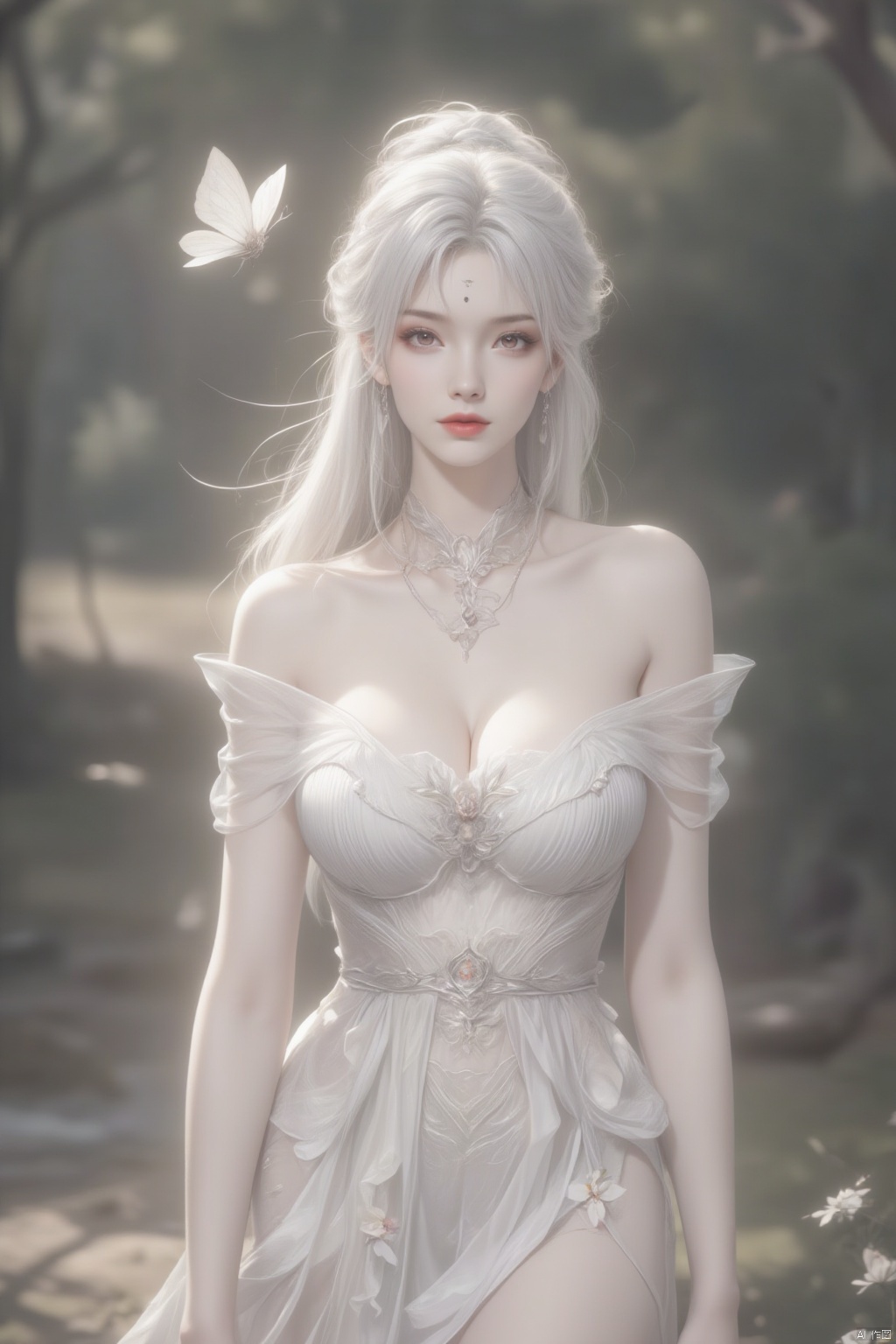 1girl, solo, long hair, breasts, looking at viewer, dress, cleavage, bare shoulders, jewelry, medium breasts, standing, ponytail, flower, white hair, earrings, outdoors, day, necklace, white dress, blurry, lips, blurry background, facial mark, bug, white flower, butterfly, forehead mark, realistic, arms at sides, red lips