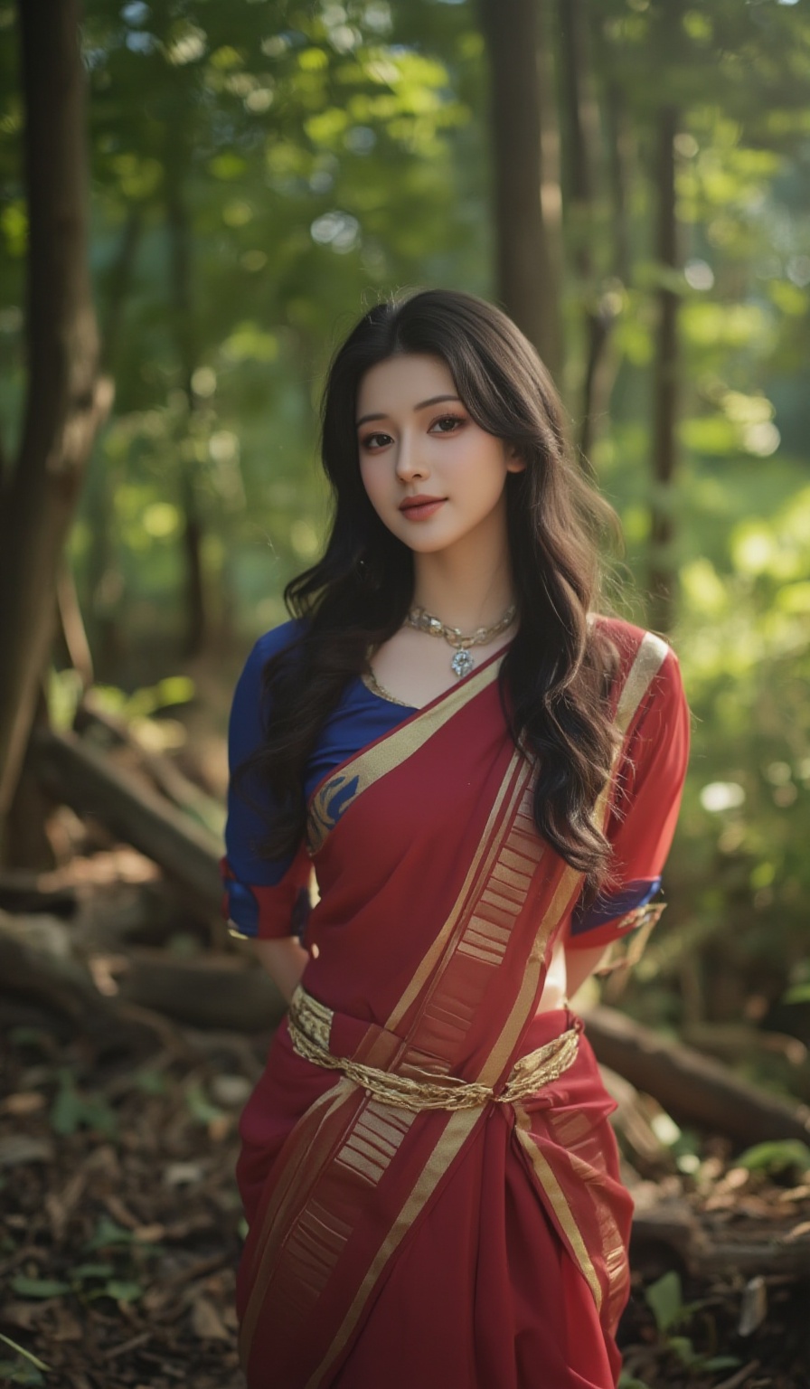 a woman with long,  wavy brown hair stands in a forest. She in traditional outfit,  adorned with a gold belt and a blue bl...