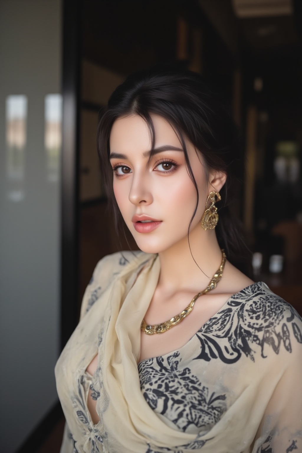 A close-up shot of a Indian woman in a black and white saree,  adorned with gold earrings and a gold necklace. The woman's...